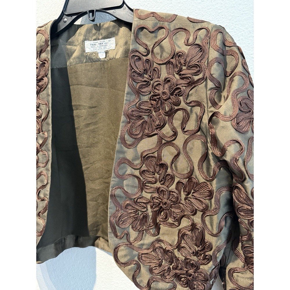 Brown Geometric Woman's Thai Silk Cropped Jacket Design Artisan Handmade Vintage - Picture 4 of 10
